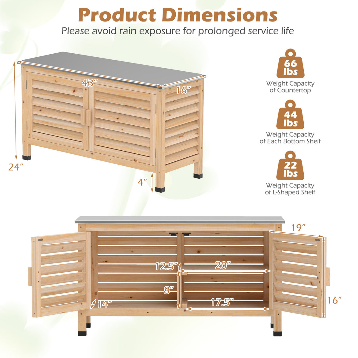 Patio Storage Cabinet with Stainless Steel Countertop and L-Shaped Shelf for Garden-Natural