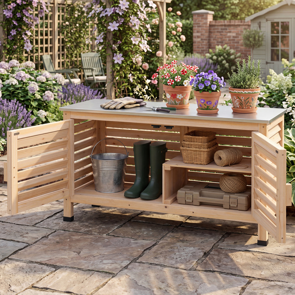 Patio Storage Cabinet with Stainless Steel Countertop and L-Shaped Shelf for Garden-Natural