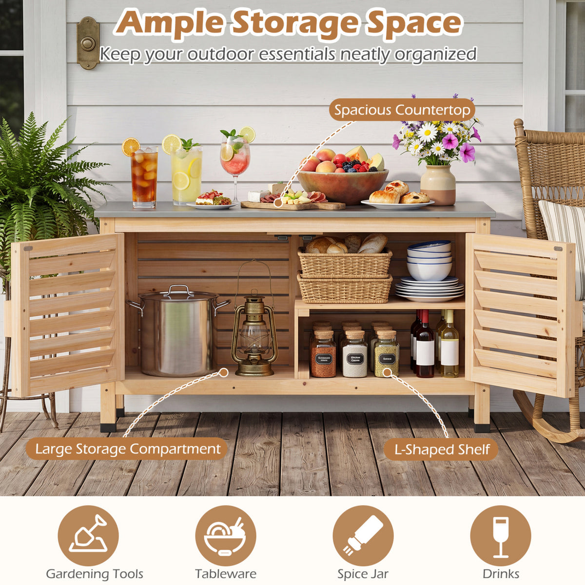 Patio Storage Cabinet with Stainless Steel Countertop and L-Shaped Shelf for Garden-Natural
