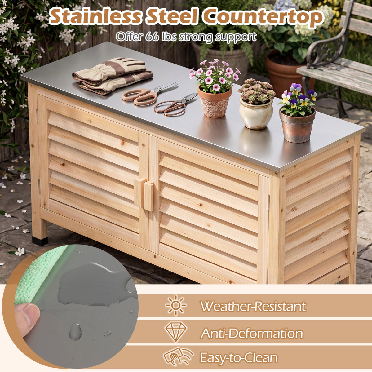 Patio Storage Cabinet with Stainless Steel Countertop and L-Shaped Shelf for Garden-Natural