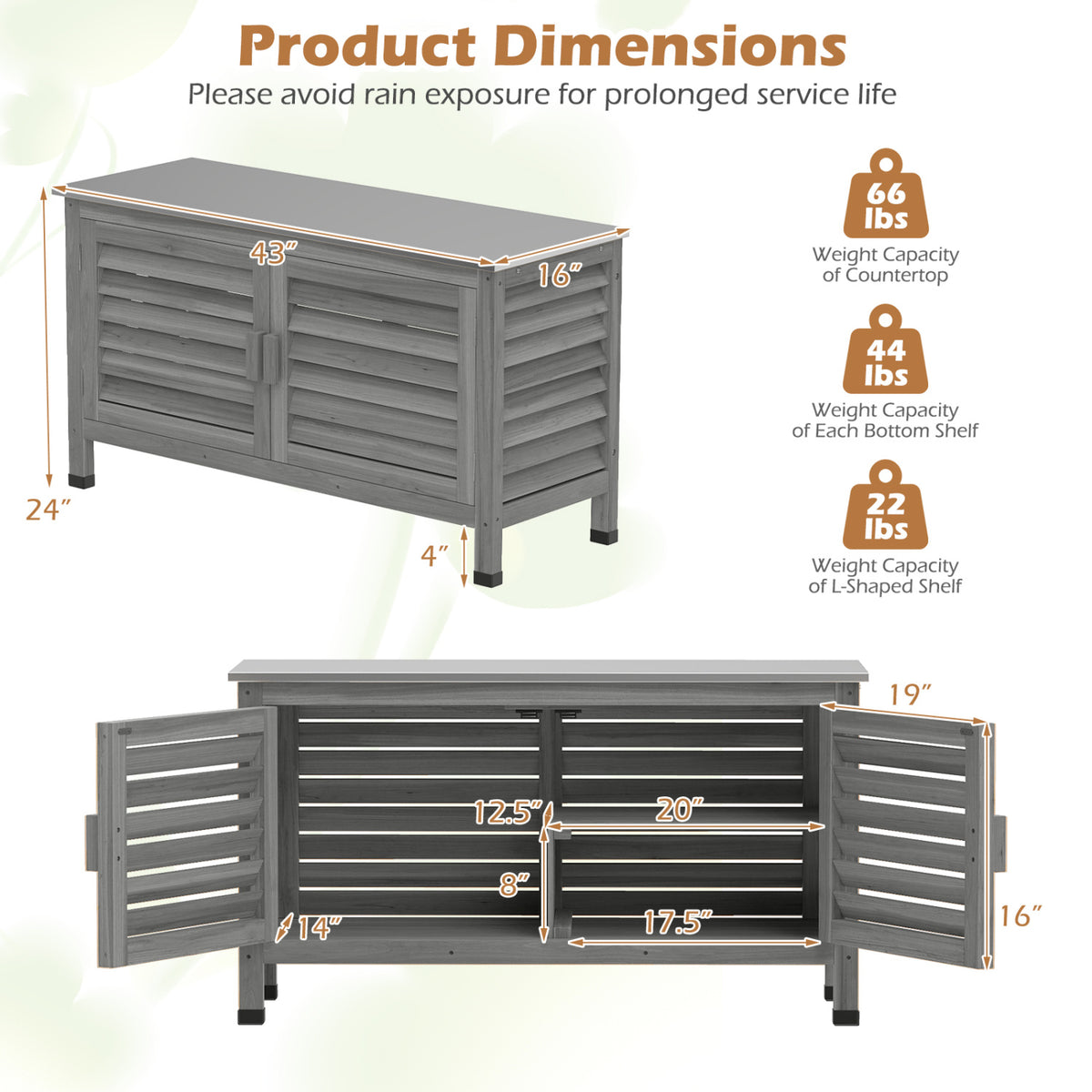 Patio Storage Cabinet with Stainless Steel Countertop and L-Shaped Shelf for Garden-Gray