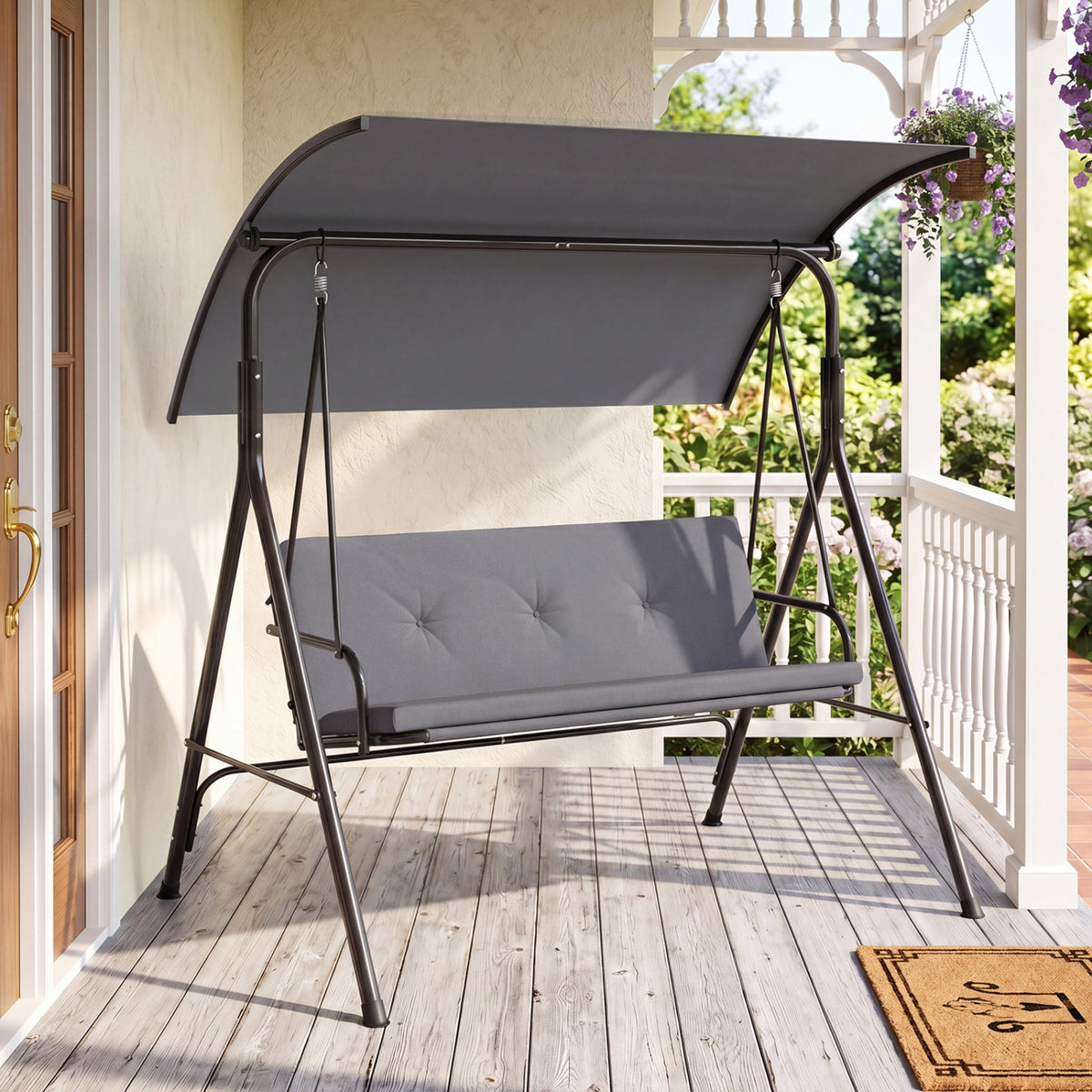 Patio Swing Chair with Adjustable Canopy & Removable Cushion and Metal Stand-Gray