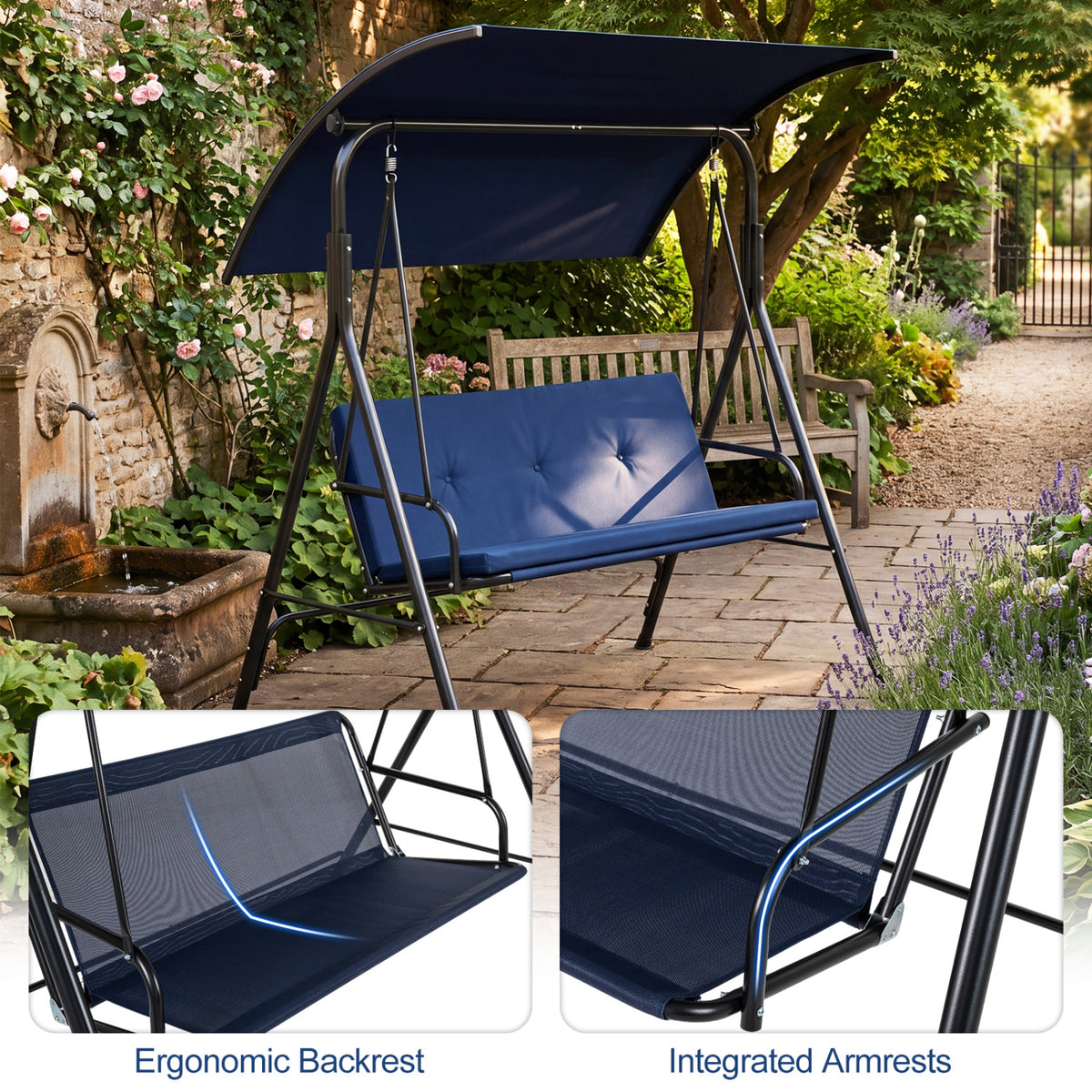 Patio Swing Chair with Adjustable Canopy & Removable Cushion and Metal Stand-Navy