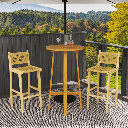 Patio Teak Wood Bar Stool with Rattan Backrest and Seat