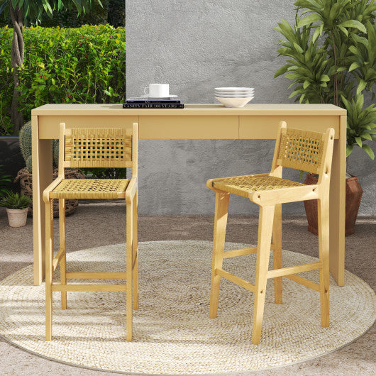 Patio Teak Wood Bar Stool with Rattan Backrest and Seat