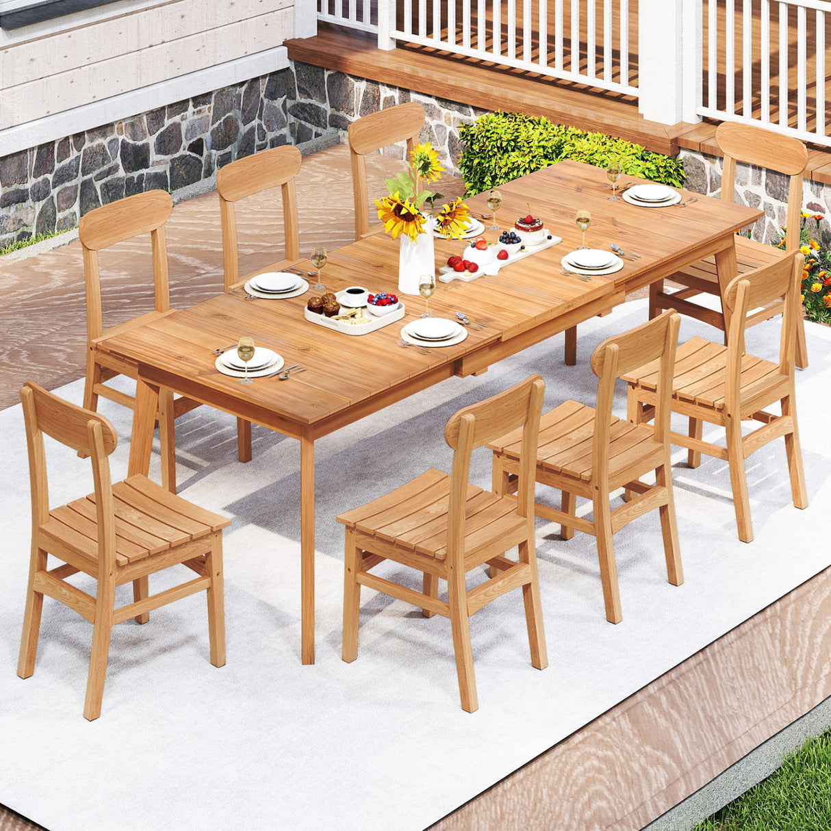 Patio Teak Wood Chair Armless Dining Chair with Slatted Seat