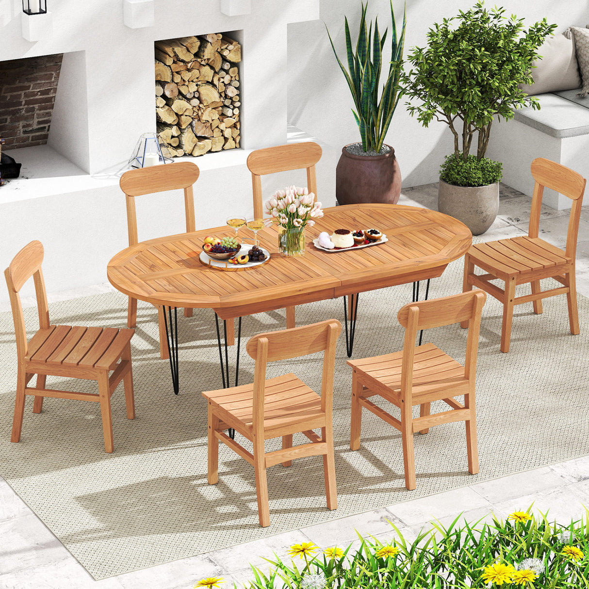Patio Teak Wood Chair Armless Dining Chair with Slatted Seat