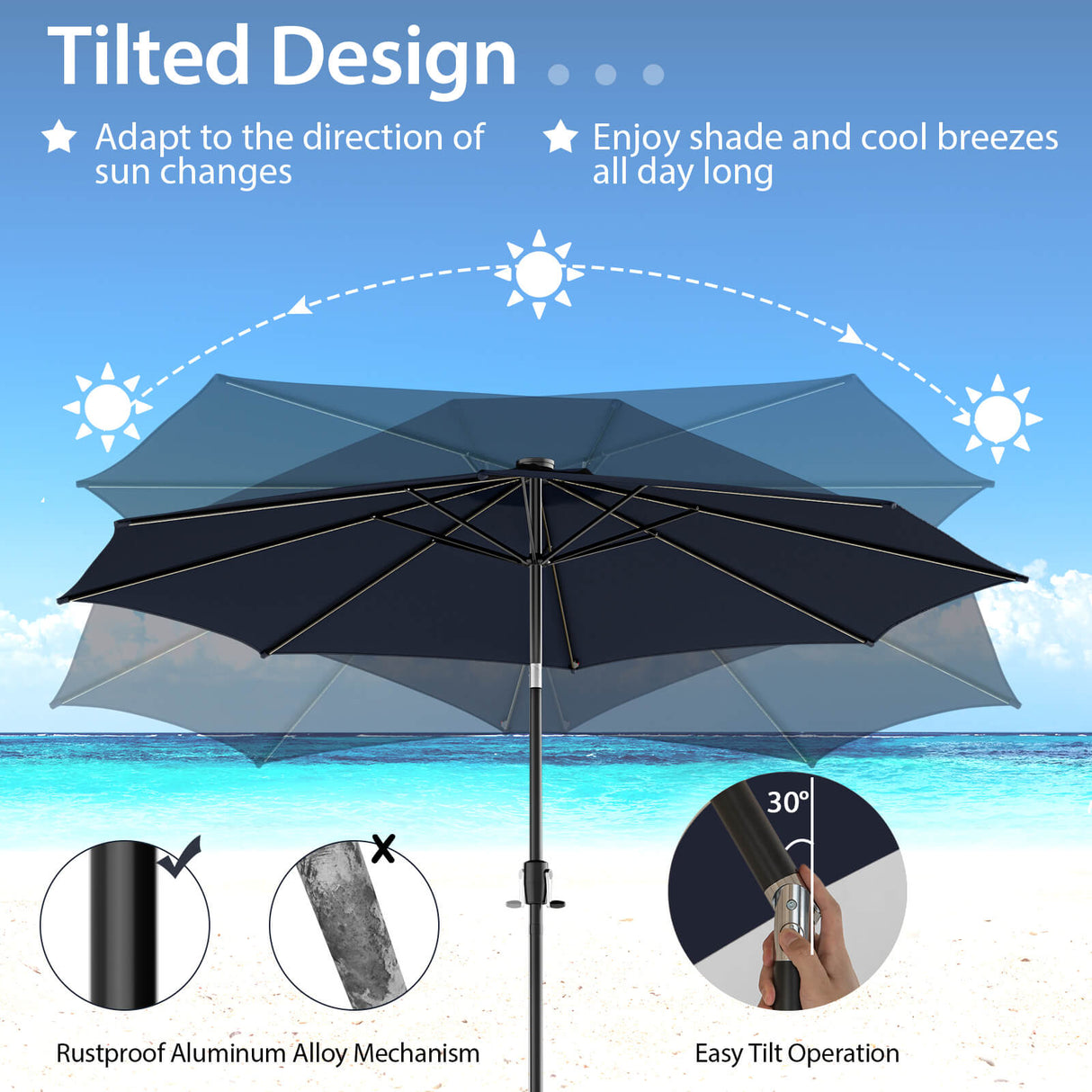 10 Feet Patio Umbrella with 112 Solar Lights and Crank Handle-Navy by DirectDeals