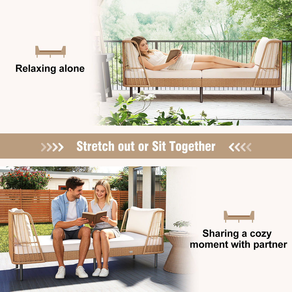 Patio Wicker Daybed Outdoor Boho Rattan Loveseat Sofa with Seat and Back Cushions-White