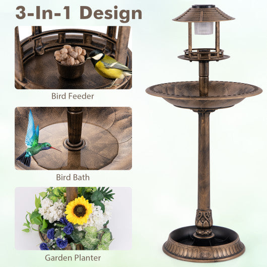 Pedestal Bird Bath with Solar Light with Bird Feeder and Flower Planter-Bronze