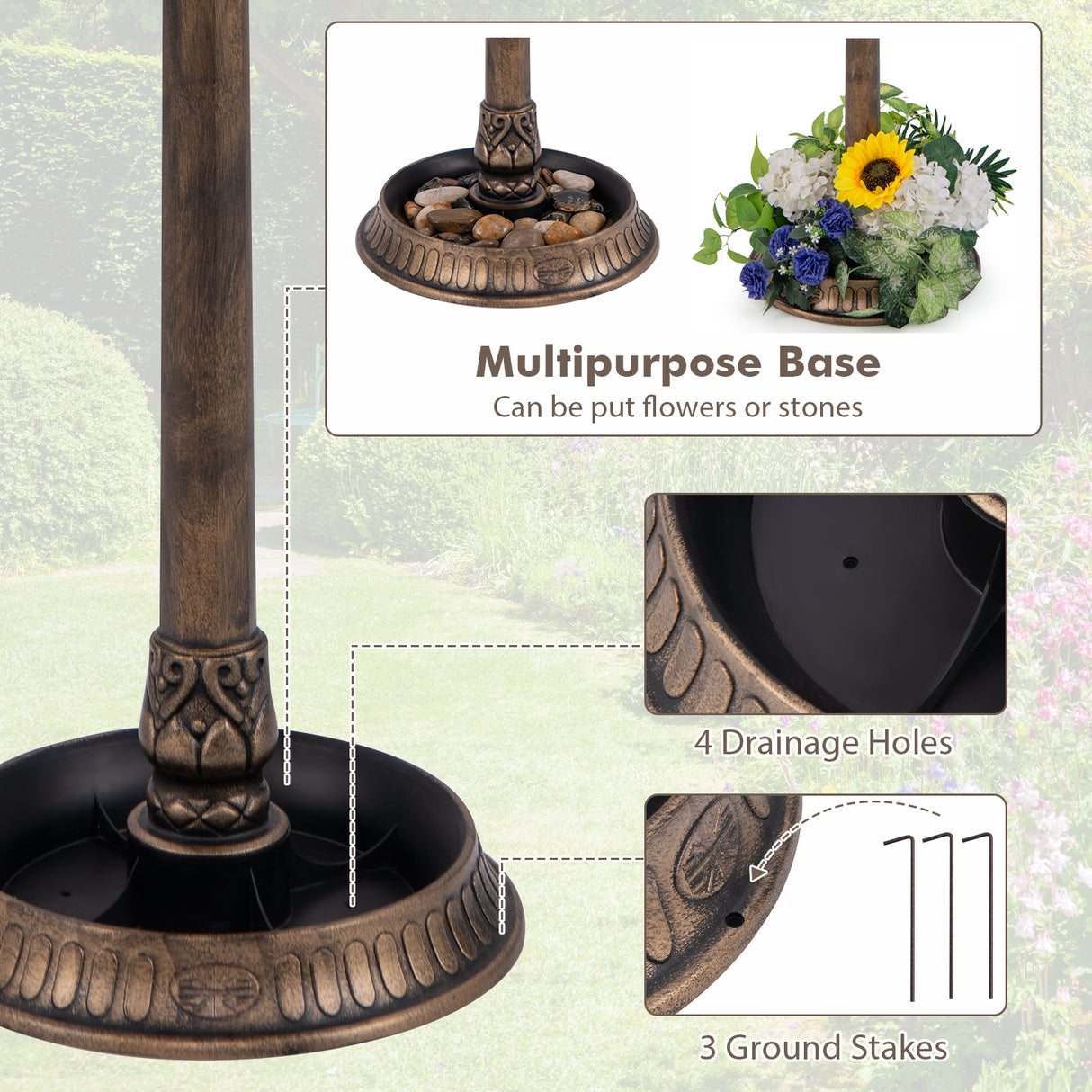 Pedestal Bird Bath with Solar Light with Bird Feeder and Flower Planter-Bronze