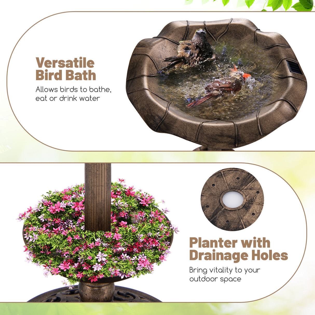Standing Pedestal Birdbath and Feeder Combo with Lotus Leaf Bowl-Bronze