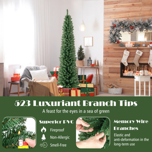 Pencil Christmas Tree with Memory Wire Branch Tips and Warm LED Lights-7FT