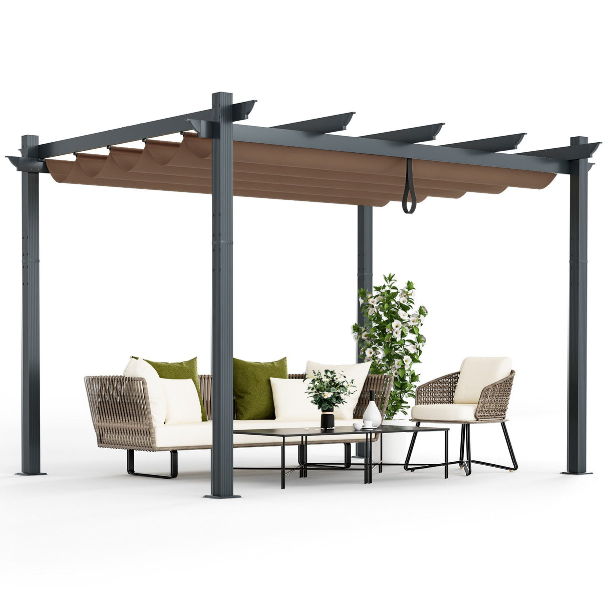 10 x 12 Feet Outdoor Aluminum Retractable Pergola Canopy Shelter Grape Trellis-Coffee by DirectDeals