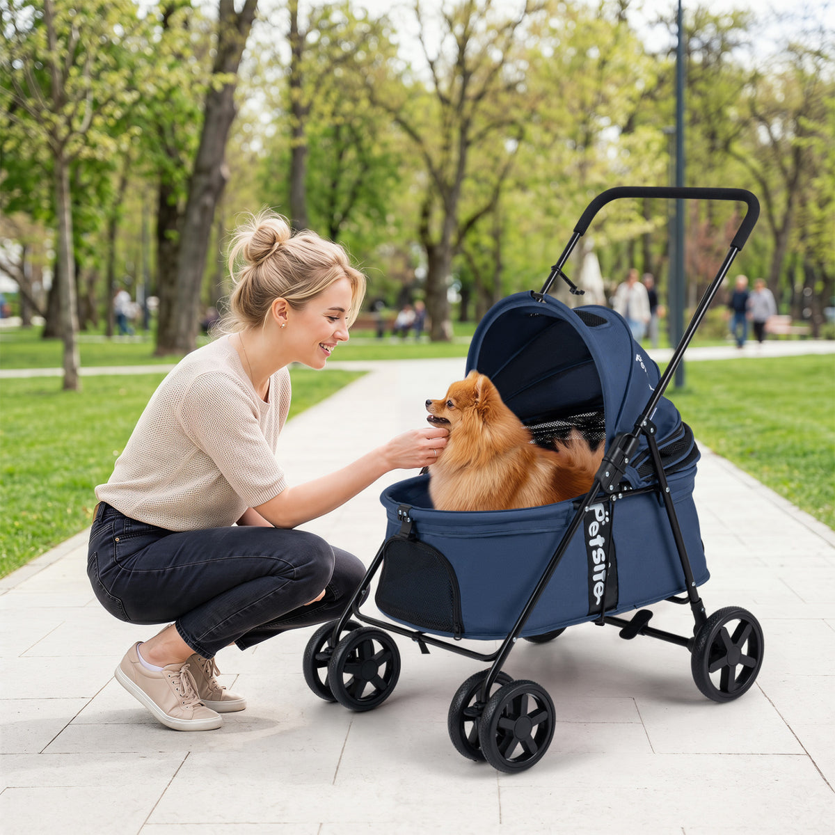 Pet Stroller for Small Medium Dogs Foldable with One-Step Rear Brake and Canopy-Navy