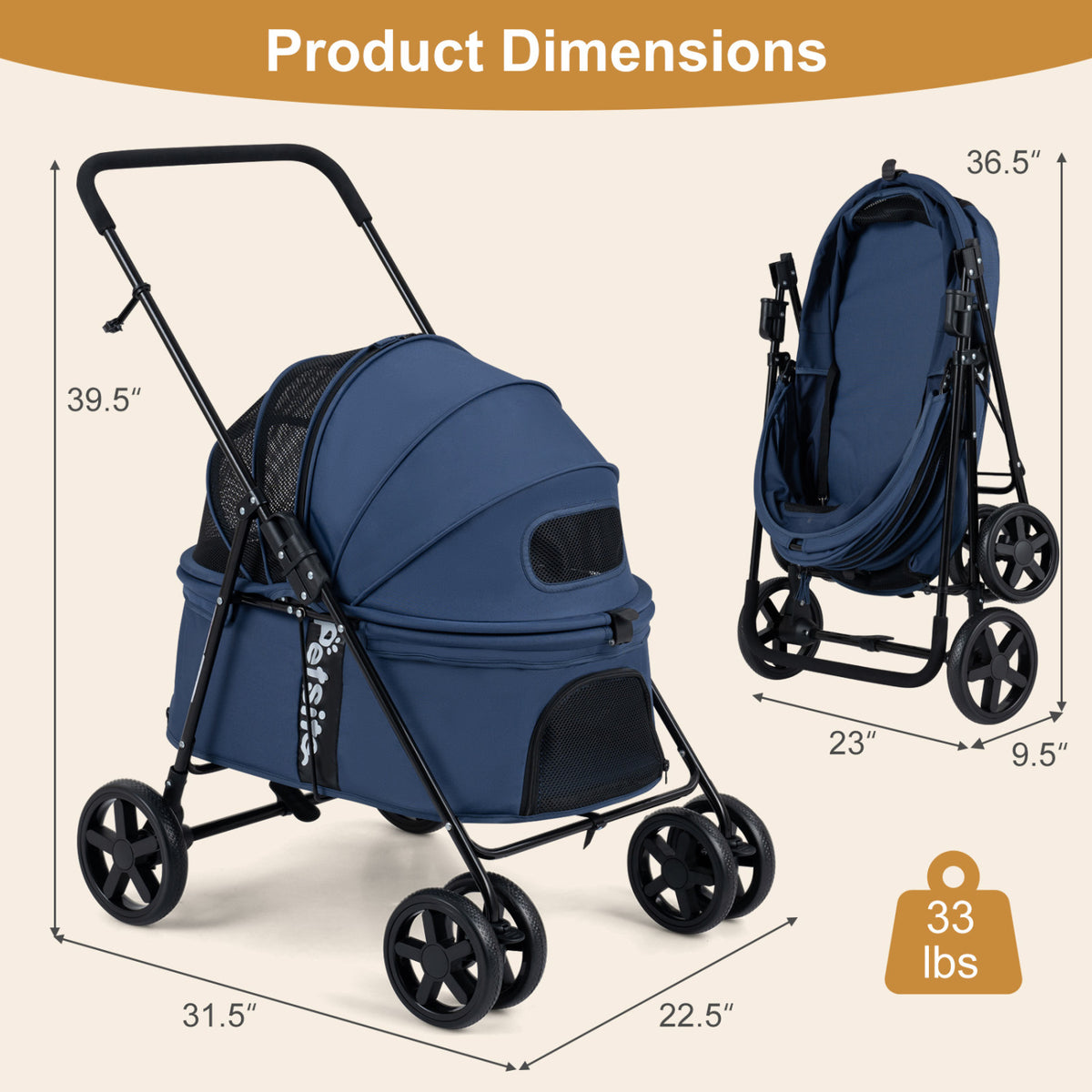Pet Stroller for Small Medium Dogs Foldable with One-Step Rear Brake and Canopy-Navy