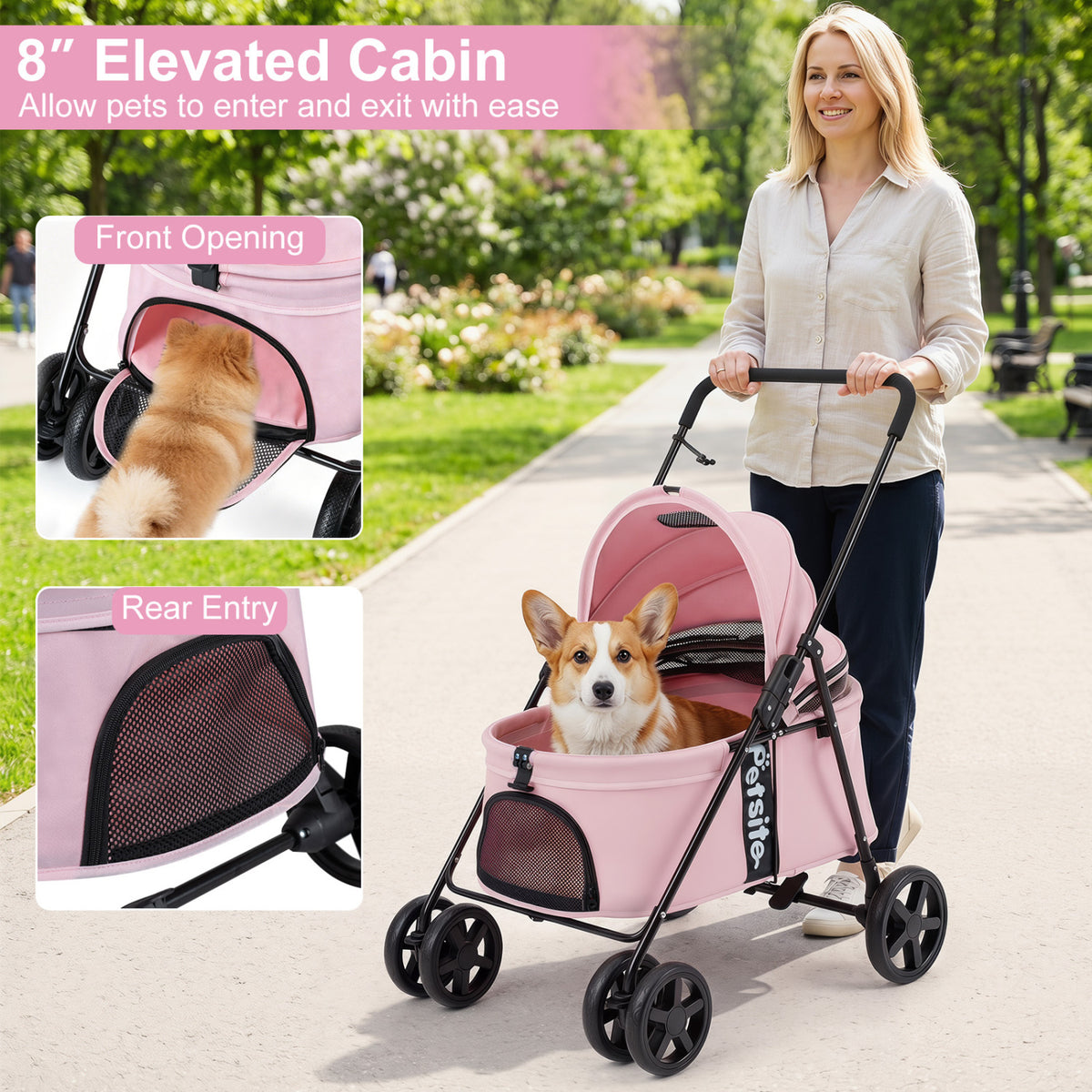 Pet Stroller for Small Medium Dogs Foldable with One-Step Rear Brake and Canopy-Pink
