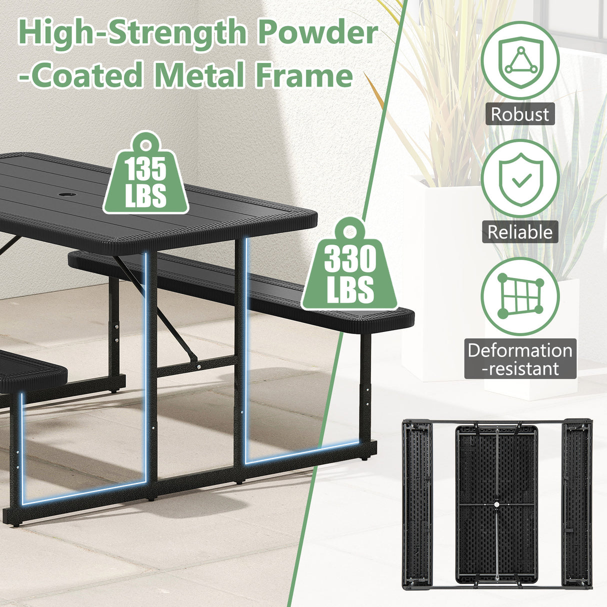 Picnic Table Bench Set for 2-4 People Outdoor Rectangular Camping Dining Table-Black