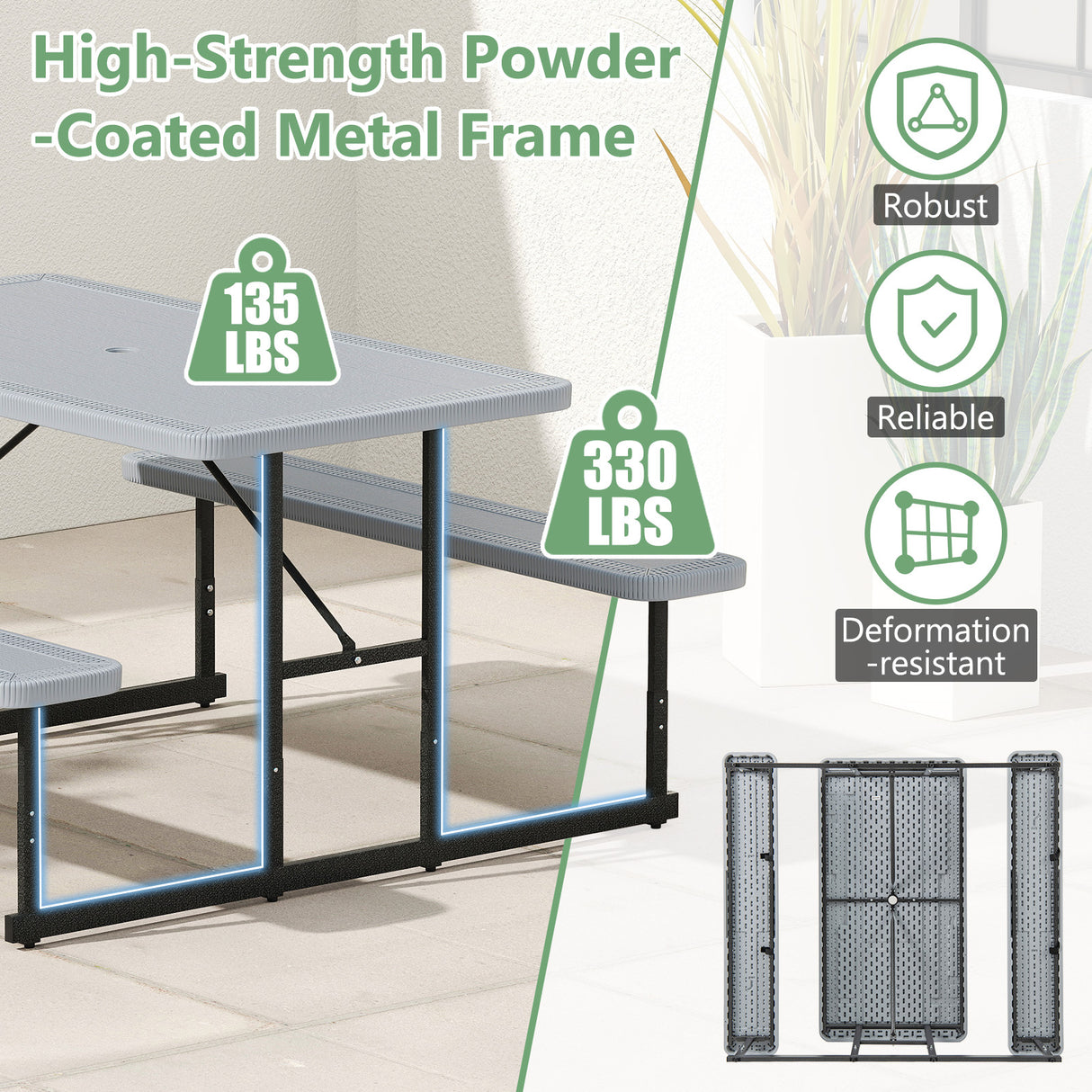 Picnic Table Bench Set for 2-4 People Outdoor Rectangular Camping Dining Table-Gray