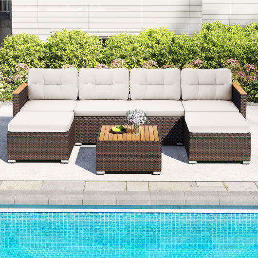 7 Pieces Wicker Conversation Set with Wood Armrests for Backyard-White
