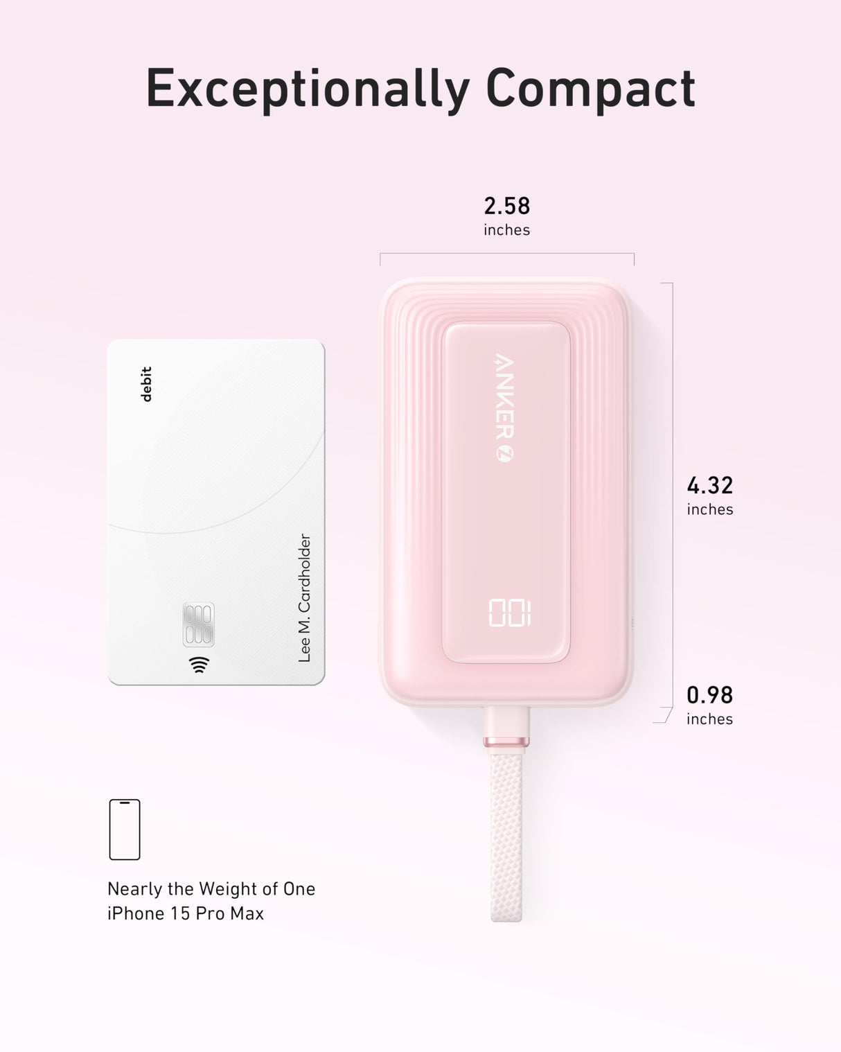 Anker Zolo Power Bank (10K, 30W) with a 5.4-inch (13.7 cm) built-in USB-C cable.