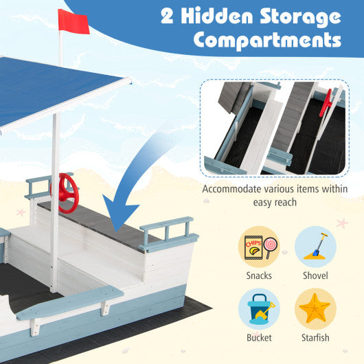 Pirate Ship Sandbox with Canopy with Bench Seats and Bottom Liner-White