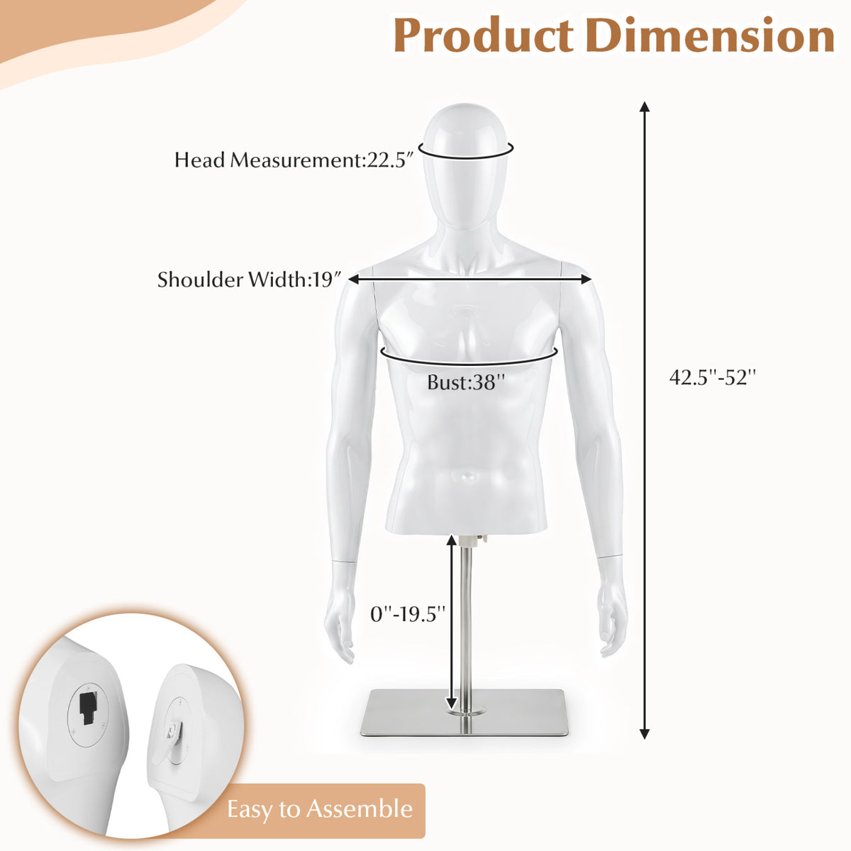 Plastic Half Body Head Turn Male Mannequin with Base