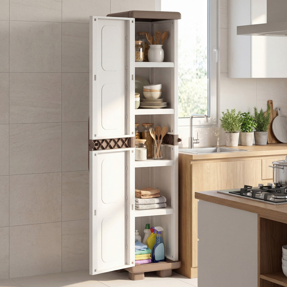Plastic Kitchen Pantry with 4 Adjustable Shelves and Single Door for Living Room and Kitchen-Beige