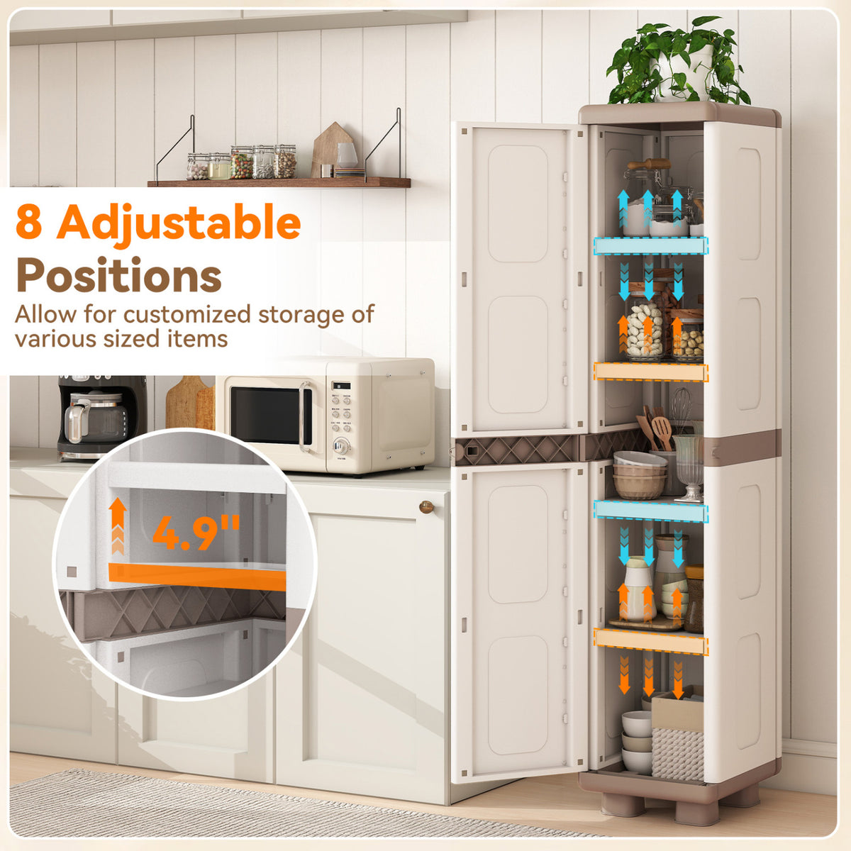 Plastic Kitchen Pantry with 4 Adjustable Shelves and Single Door for Living Room and Kitchen-Beige
