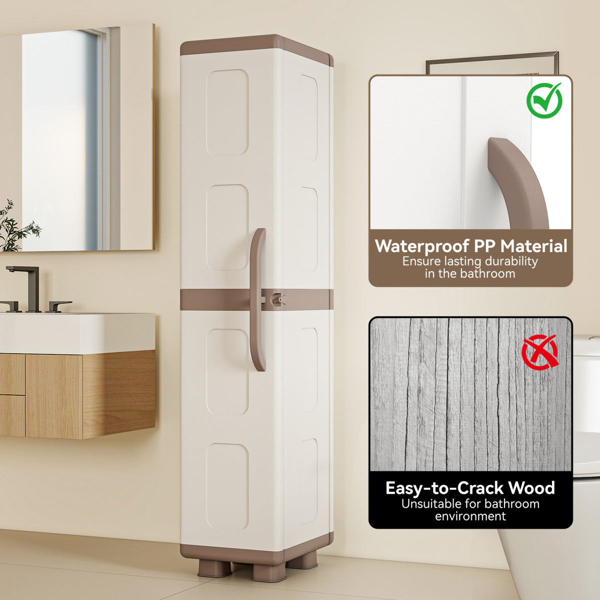 Plastic Kitchen Pantry with 4 Adjustable Shelves and Single Door for Living Room and Kitchen-Beige