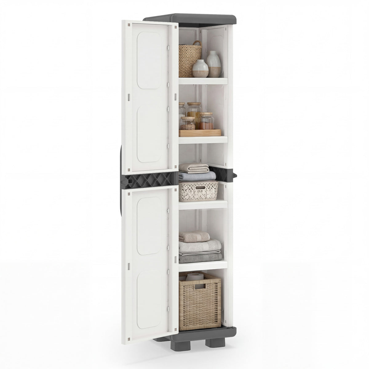 Plastic Kitchen Pantry with 4 Adjustable Shelves and Single Door for Living Room and Kitchen-Gray