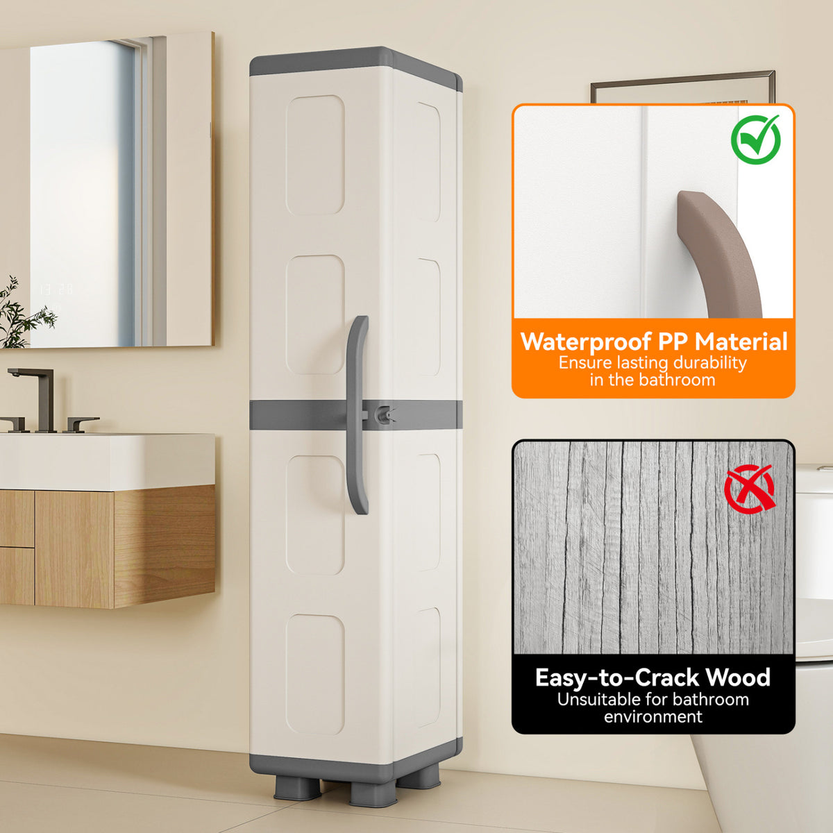 Plastic Kitchen Pantry with 4 Adjustable Shelves and Single Door for Living Room and Kitchen-Gray