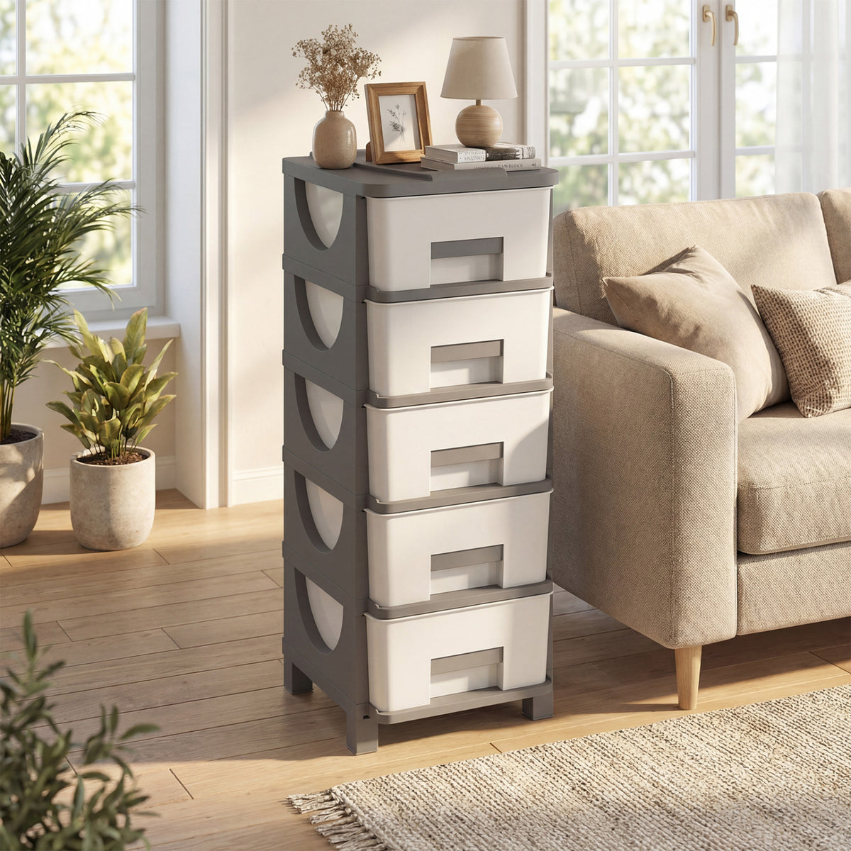 Plastic Storage Organizer with Handles and Compact Drawer Cabinet Side Table for Bedroom-Gray
