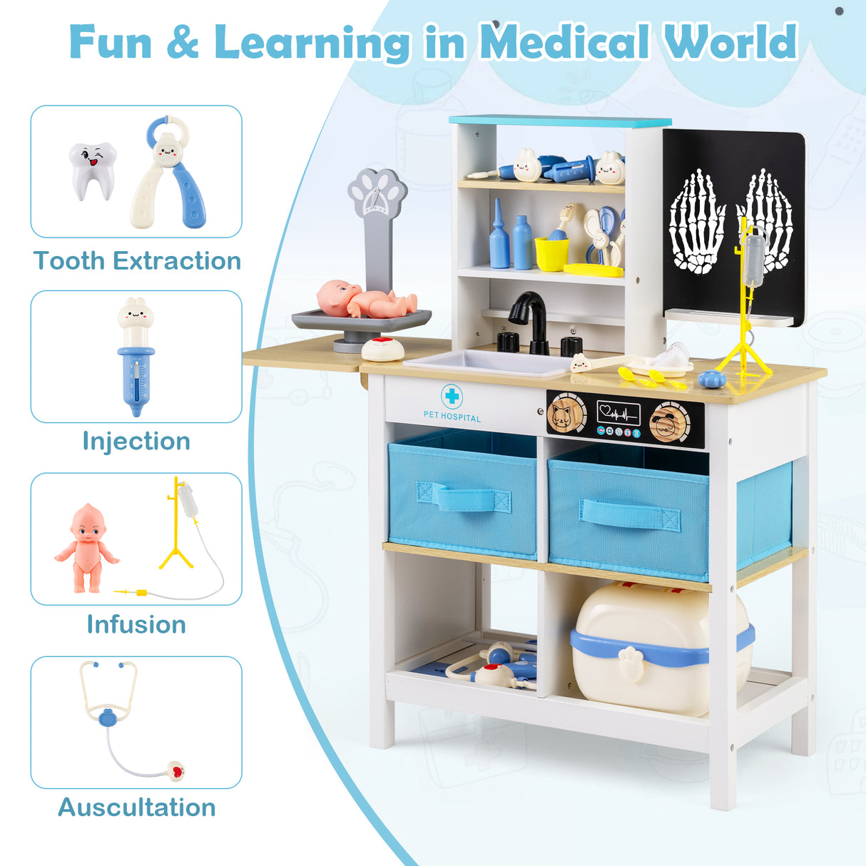 Play Doctor's Office Wood Medical Center Toy Set with Blackboard-White