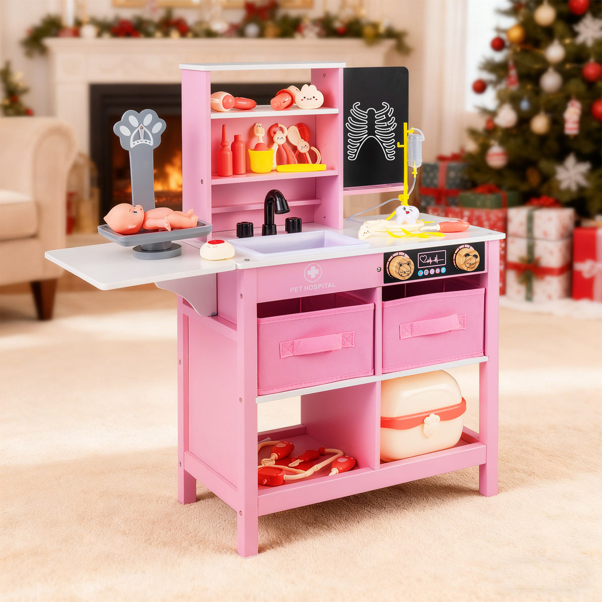 Play Doctor's Office Wood Medical Center Toy Set with Blackboard-Pink