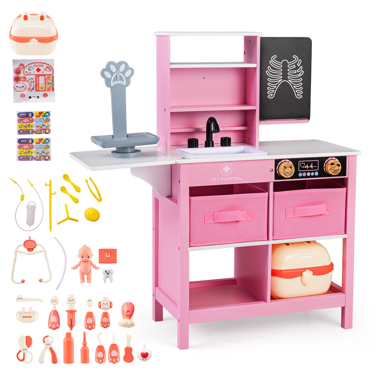 Play Doctor's Office Wood Medical Center Toy Set with Blackboard-Pink