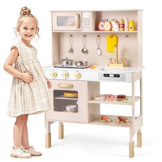 Play Kitchen Height Adjustable with Microwave and Lights and Sounds-Pink