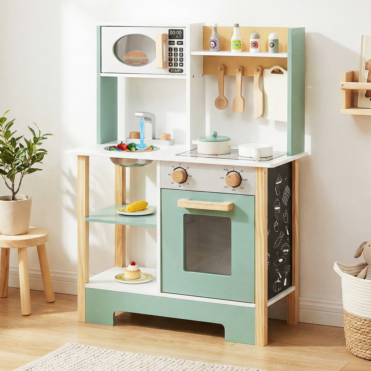 Play Kitchen Wooden Toy Kitchen Playset with Chalkboard Birthday Gift for Kids Aged 3 +-Green
