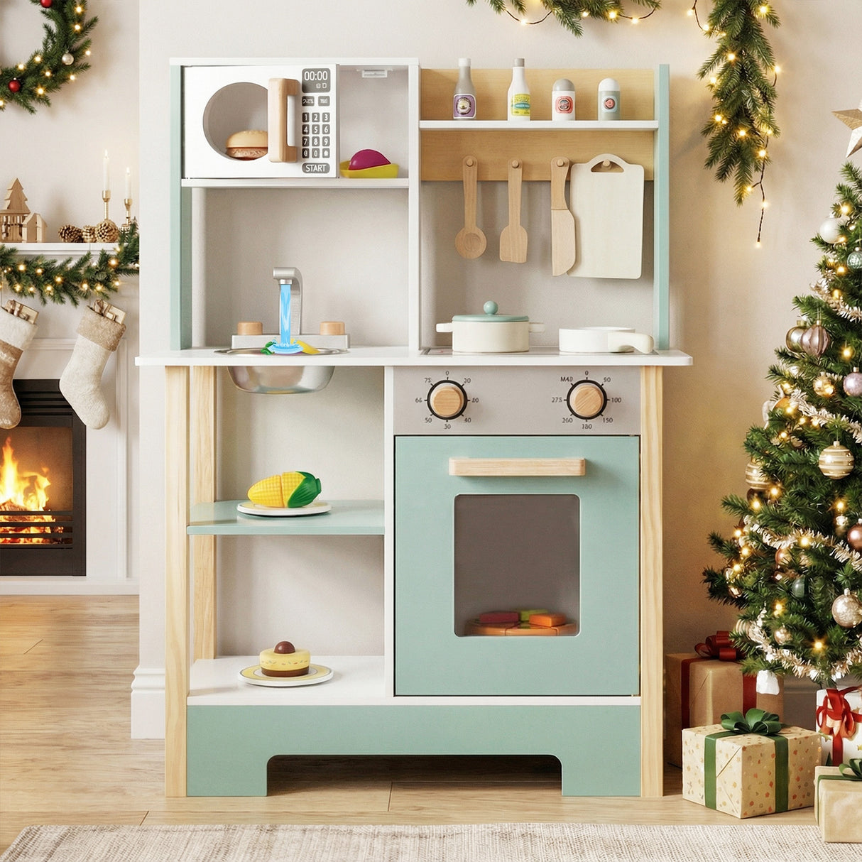 Play Kitchen Wooden Toy Kitchen Playset with Chalkboard Birthday Gift for Kids Aged 3 +-Green