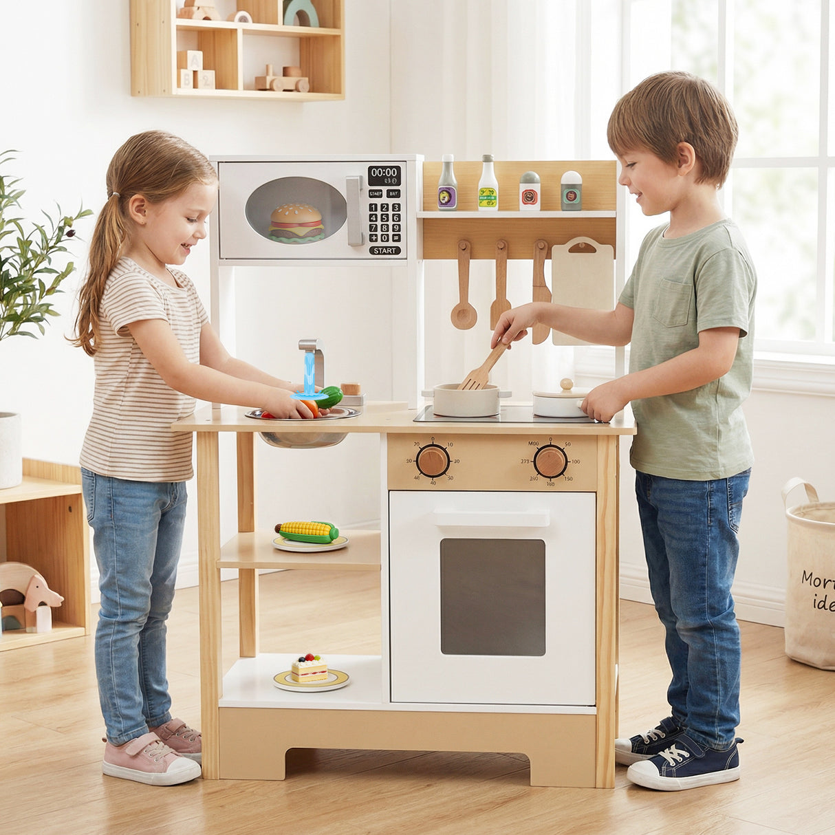 Play Kitchen Wooden Toy Kitchen Playset with Chalkboard Birthday Gift for Kids Aged 3 +-White