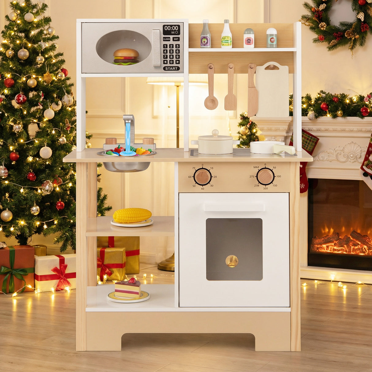 Play Kitchen Wooden Toy Kitchen Playset with Chalkboard Birthday Gift for Kids Aged 3 +-White