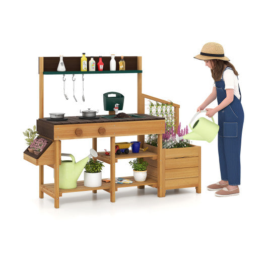 Play Kitchen for Kids Wooden Toy Kitchen Playset Pretend Mud Kitchen-Brown