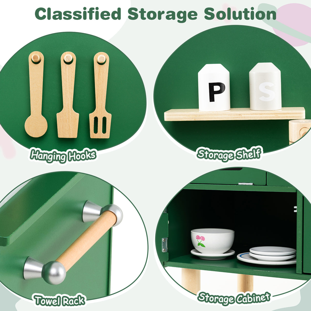 Play Kitchen for Kids Wooden Kitchen Playset with Stoves Faucet Sink Microwave and Oven-Green
