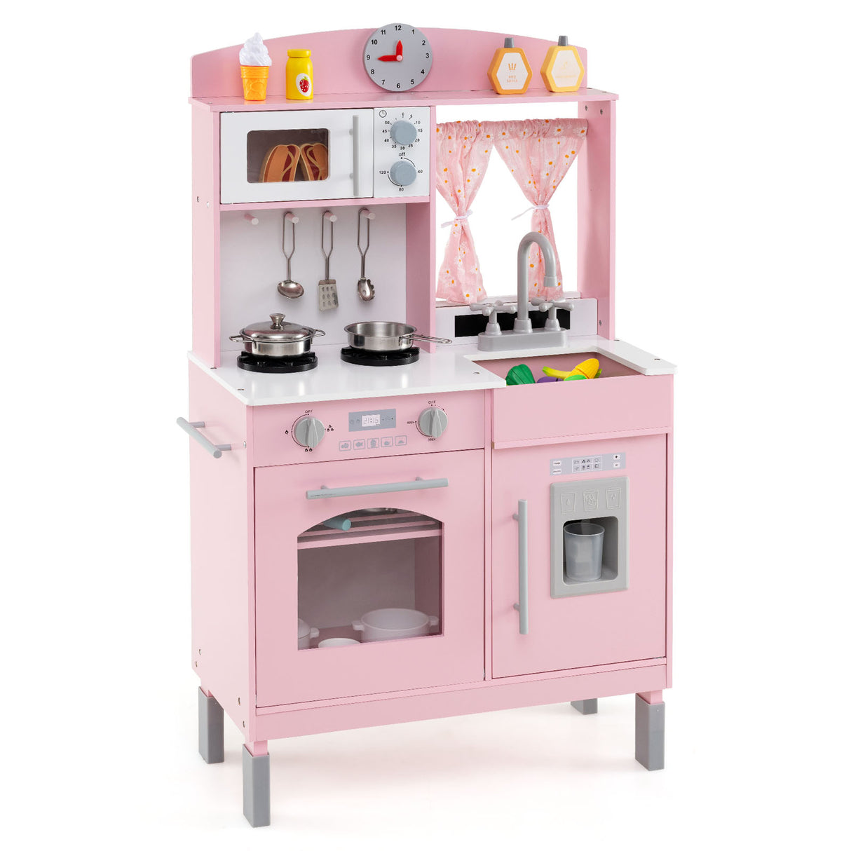 Play Kitchen for Kids Wooden Chef Pretend Playset with 3 Adjustable Heights Microwave-Pink