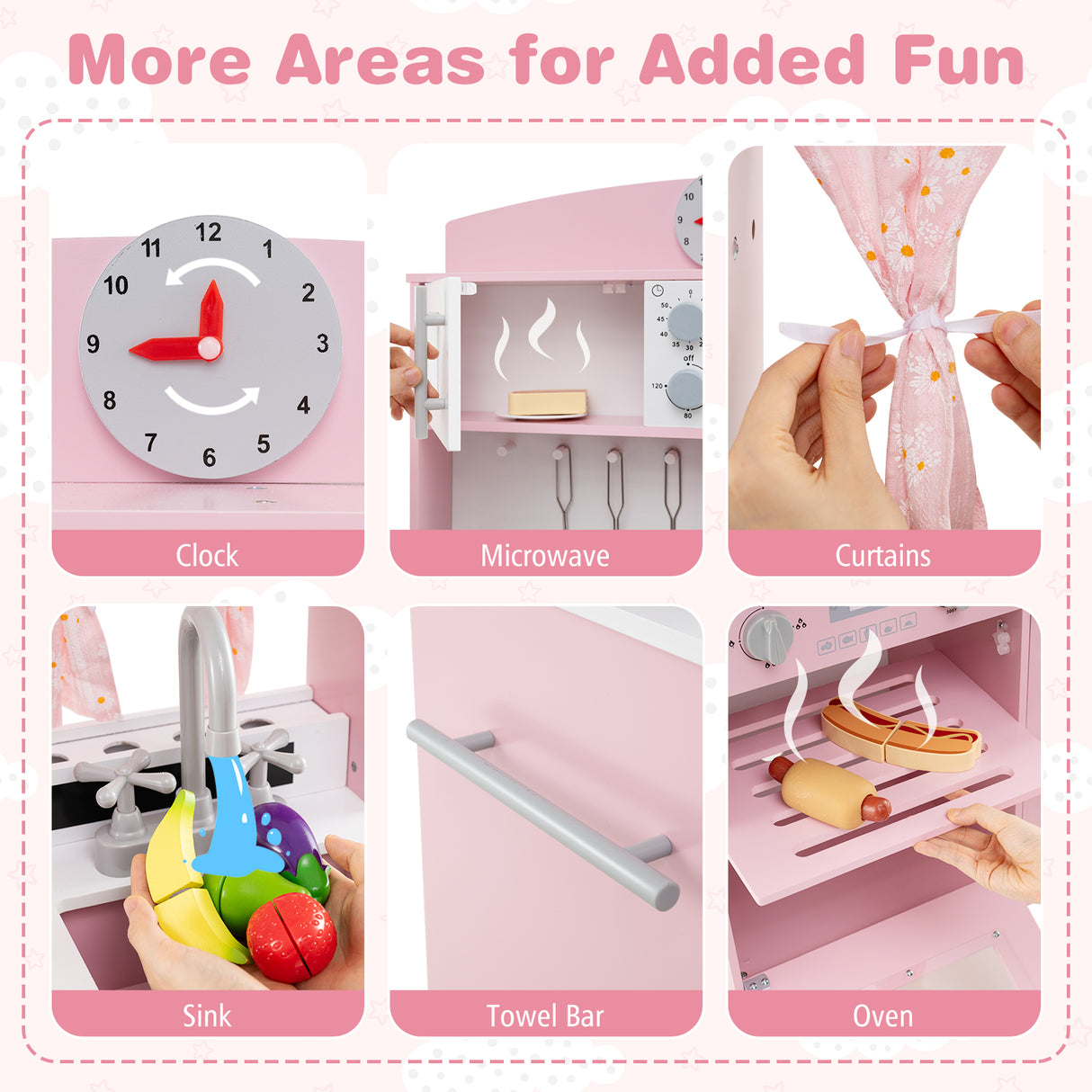 Play Kitchen for Kids Wooden Chef Pretend Playset with 3 Adjustable Heights Microwave-Pink