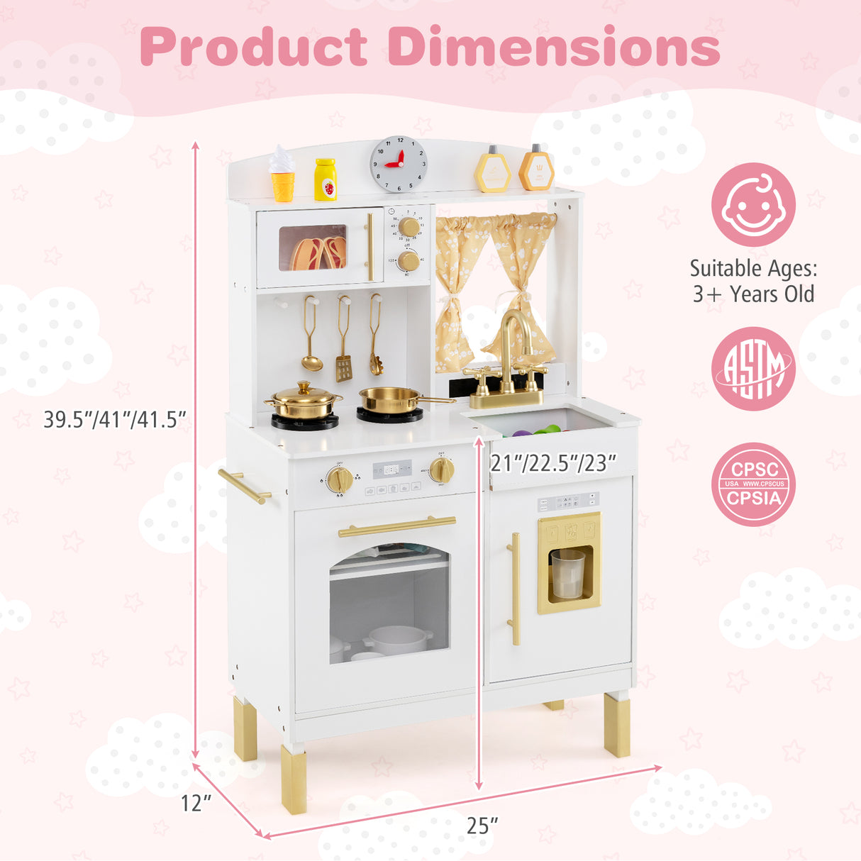 Play Kitchen for Kids Wooden Chef Pretend Playset with 3 Adjustable Heights Microwave-Gold