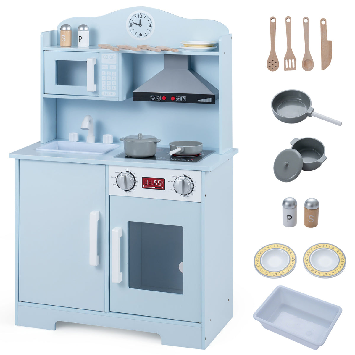 Play Kitchen for Kids Wooden Playset with Range Hood and Microwave-Blue