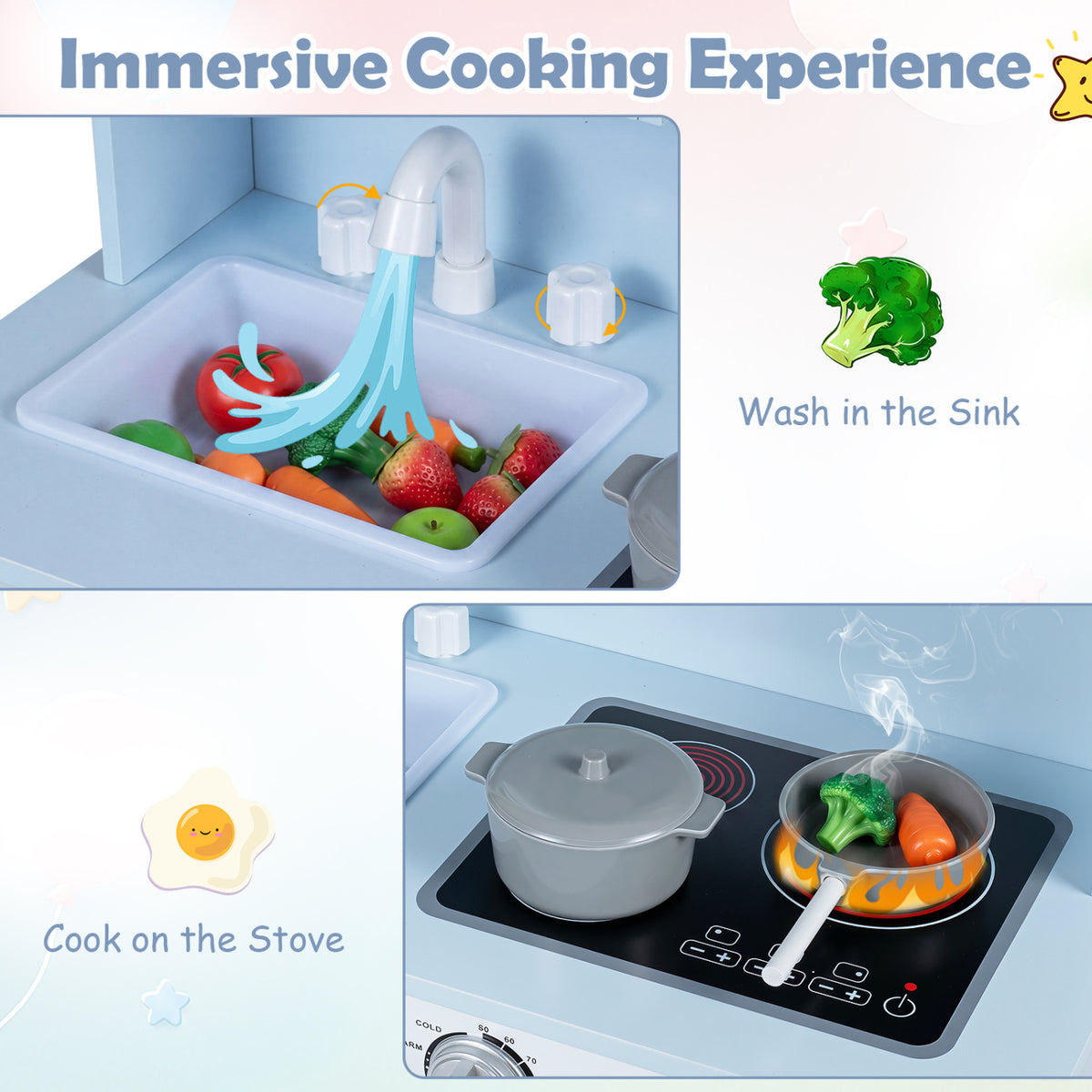 Play Kitchen for Kids Wooden Playset with Range Hood and Microwave-Blue