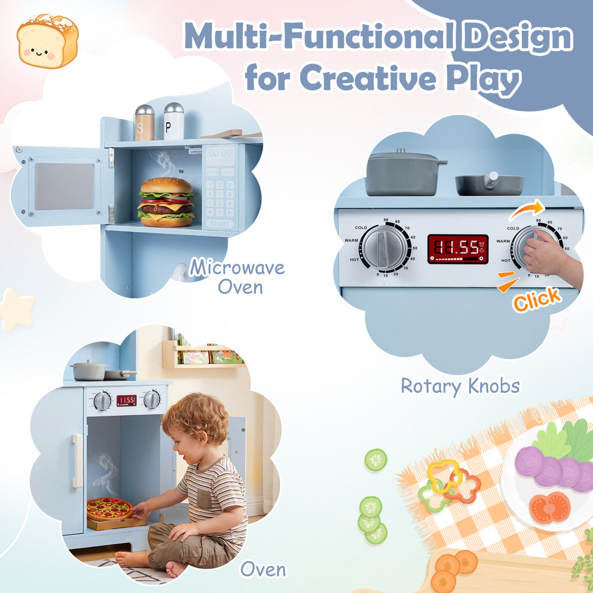 Play Kitchen for Kids Wooden Playset with Range Hood and Microwave-Blue