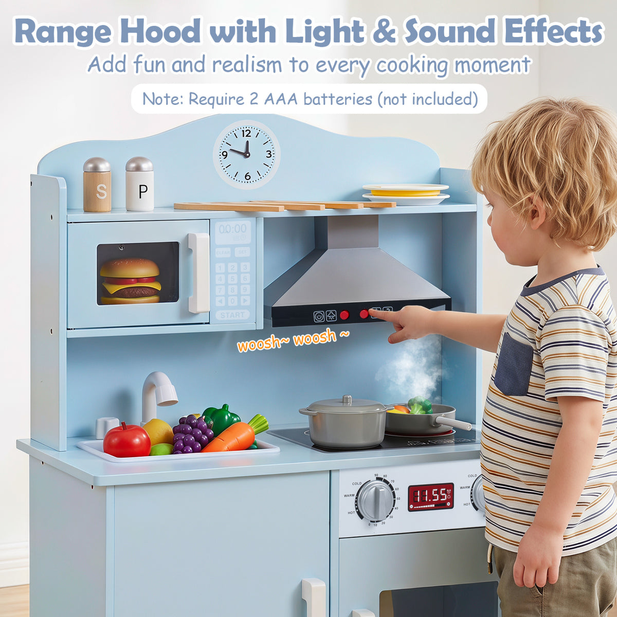 Play Kitchen for Kids Wooden Playset with Range Hood and Microwave-Blue